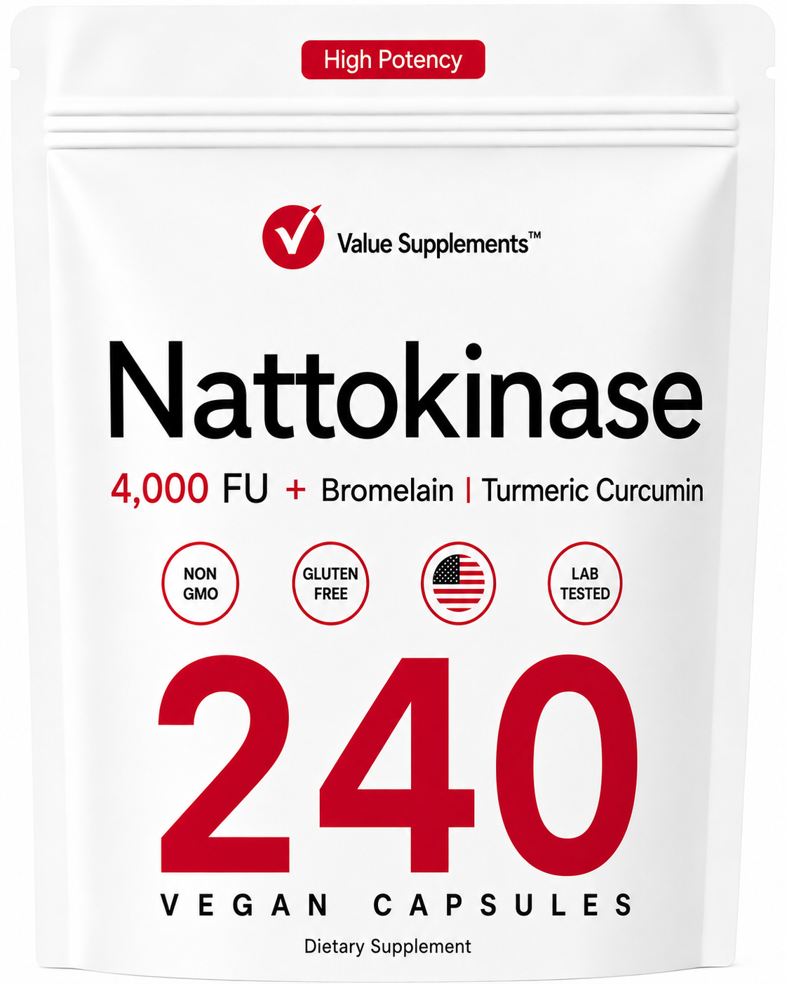 Nattokinase Supplement 4,000 FU Per Serving, 240 Veggie Capsules – Japanese Natto with Bromelain, Turmeric Curcumin & Black Pepper Complex